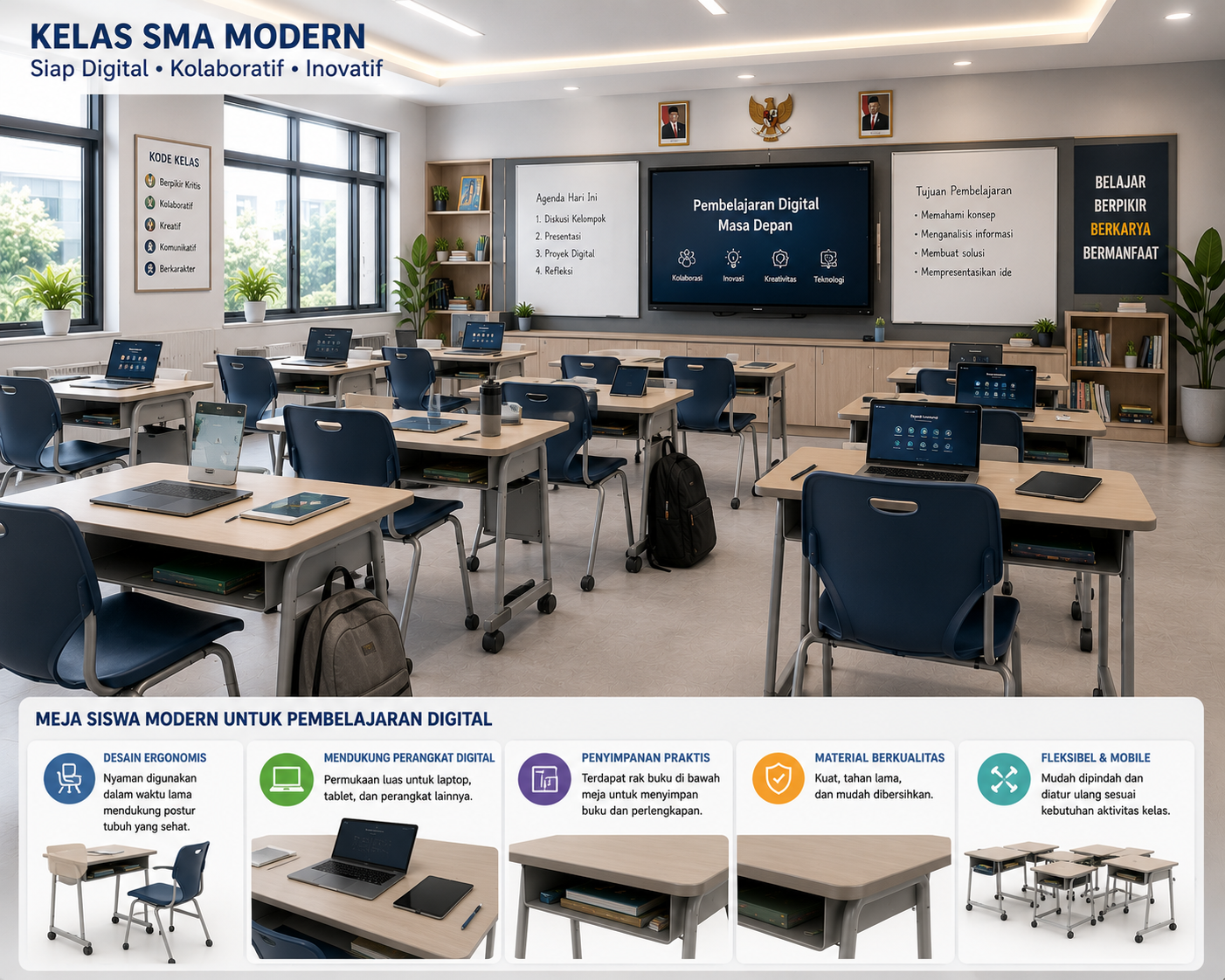 Kelas SMA modern dengan meja siswa yang mendukung penggunaan laptop dan pembelajaran digital.