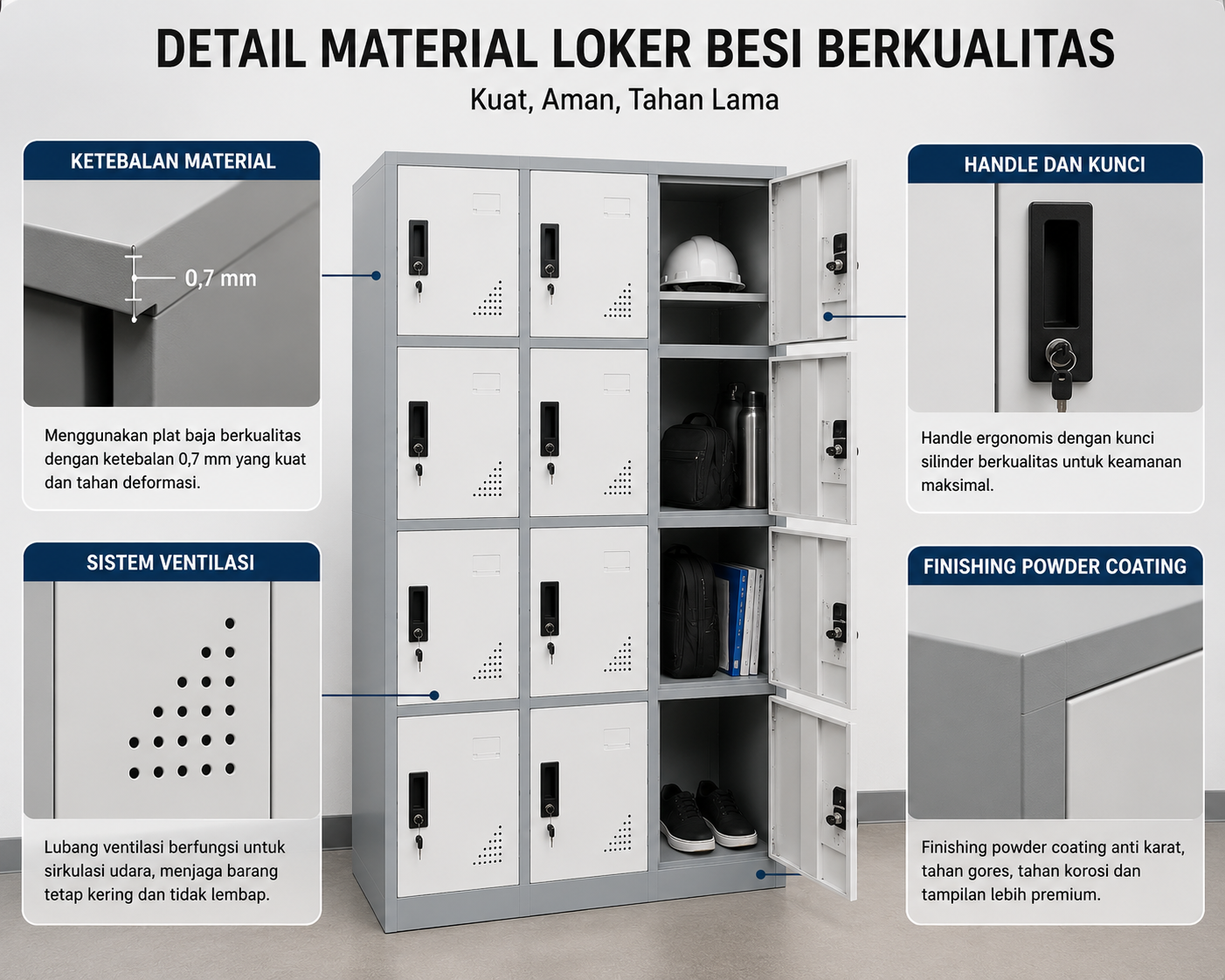 Material loker besi berkualitas dengan konstruksi kuat dan tahan lama