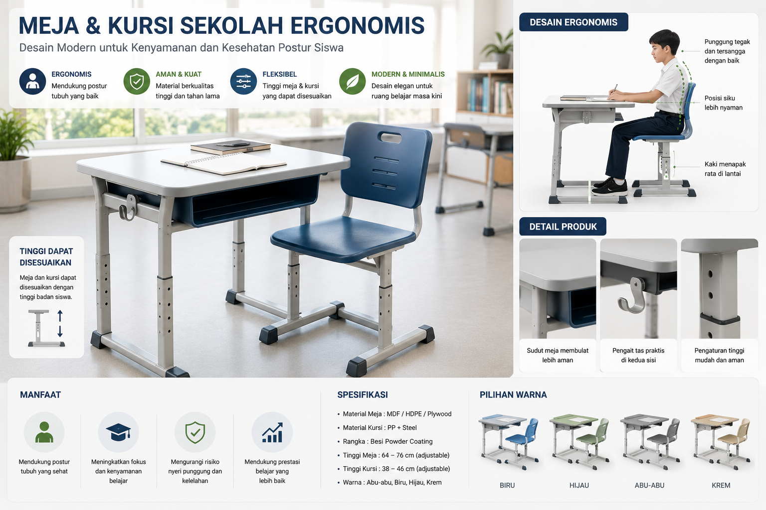 Meja dan kursi ergonomis untuk kelas