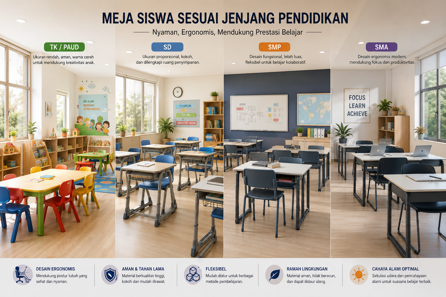 Meja siswa sesuai jenjang pendidikan