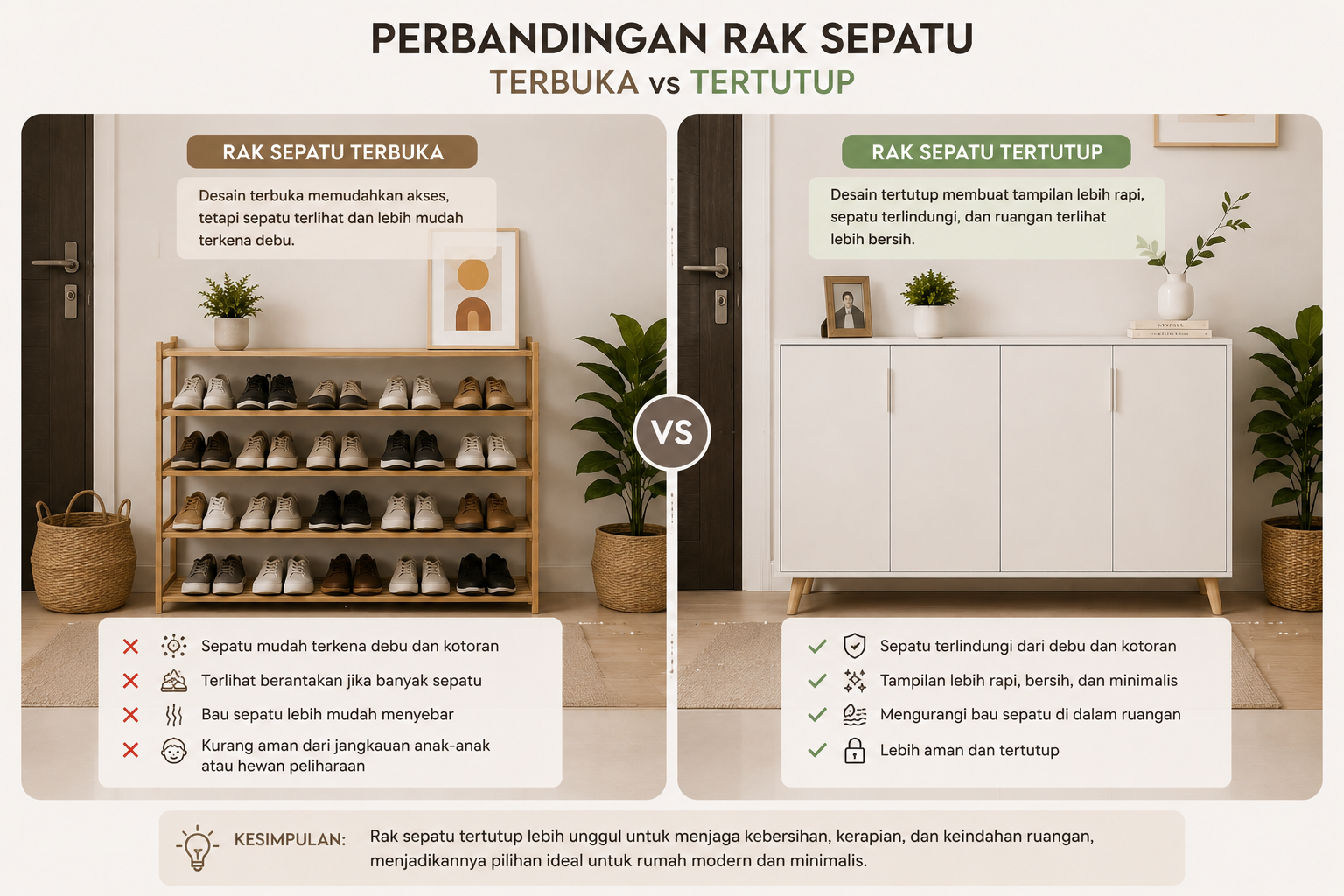 Perbandingan rak sepatu multifungsi tertutup dan rak terbuka