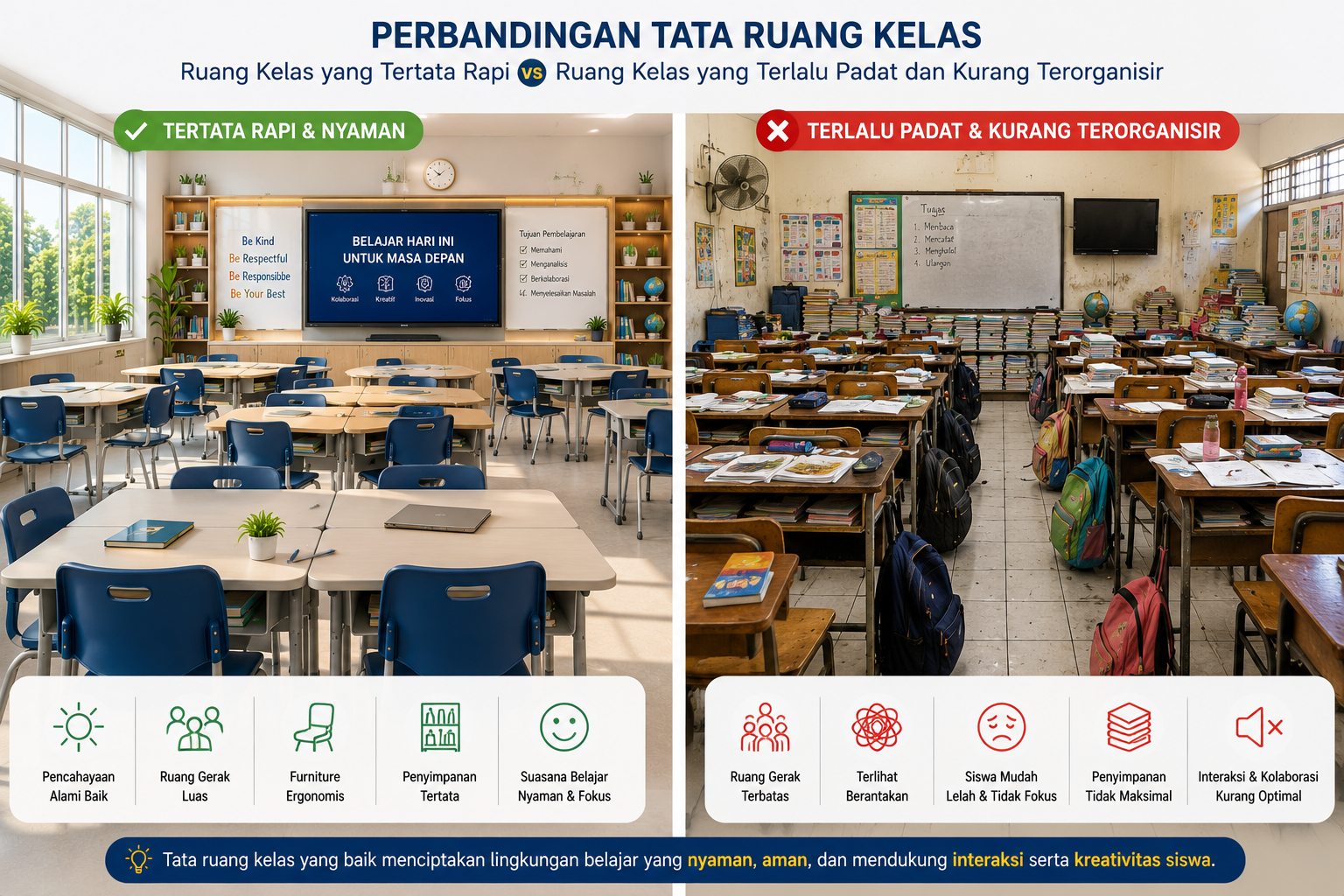 Perbandingan tata ruang kelas yang nyaman dan tidak nyaman.