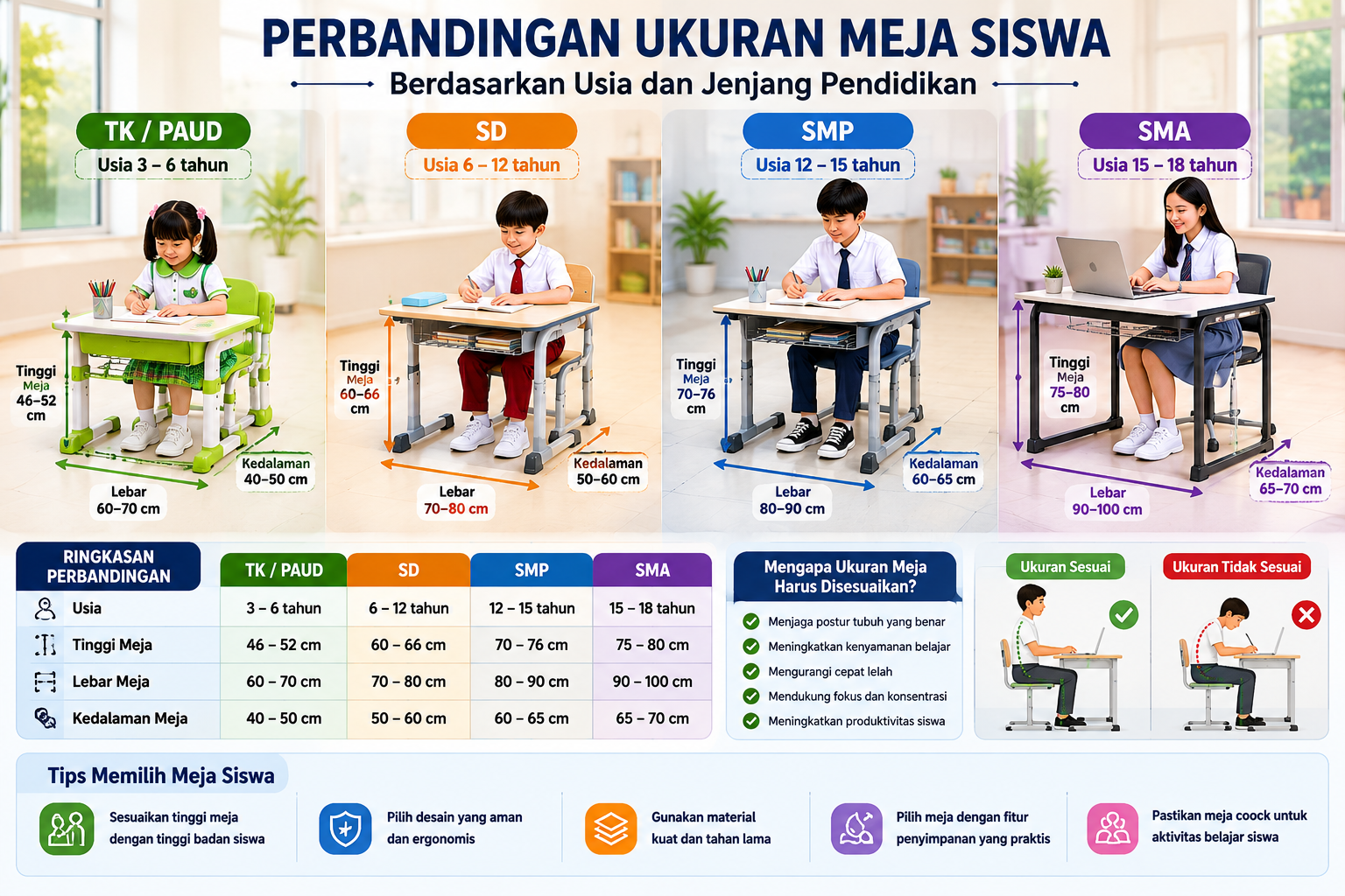 Perbandingan ukuran meja siswa berdasarkan usia