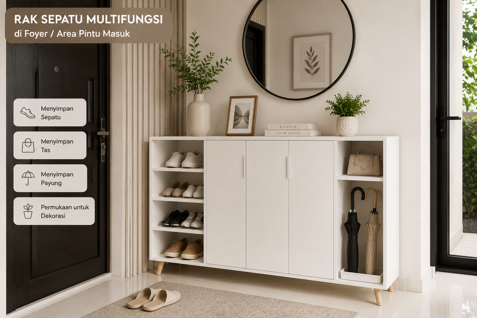 Rak sepatu multifungsi di area foyer rumah minimalis