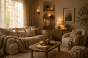 Ruang tamu hangat bergaya hygge